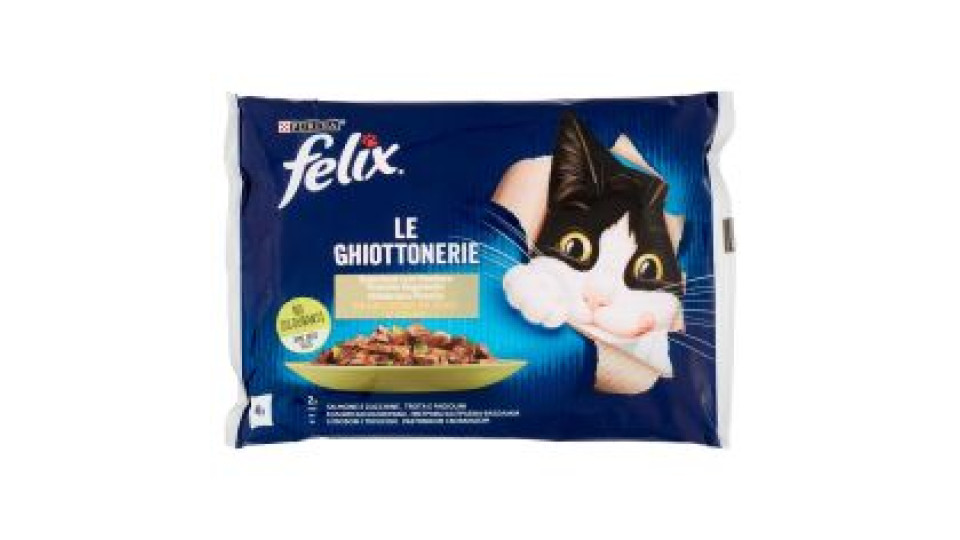 FELIX LE GHIOTTONERIE CON VERDURE ICIBO UMIDO PER GATTI CON SALMONE E ZUCCHINE, TROTA E FAGIOLINI 4X85G