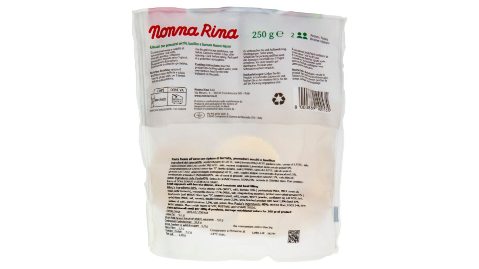 Nonna Rina Girasoli Pomodori Secchie, Basilico e Burrata Nonno Nanni 250 g
