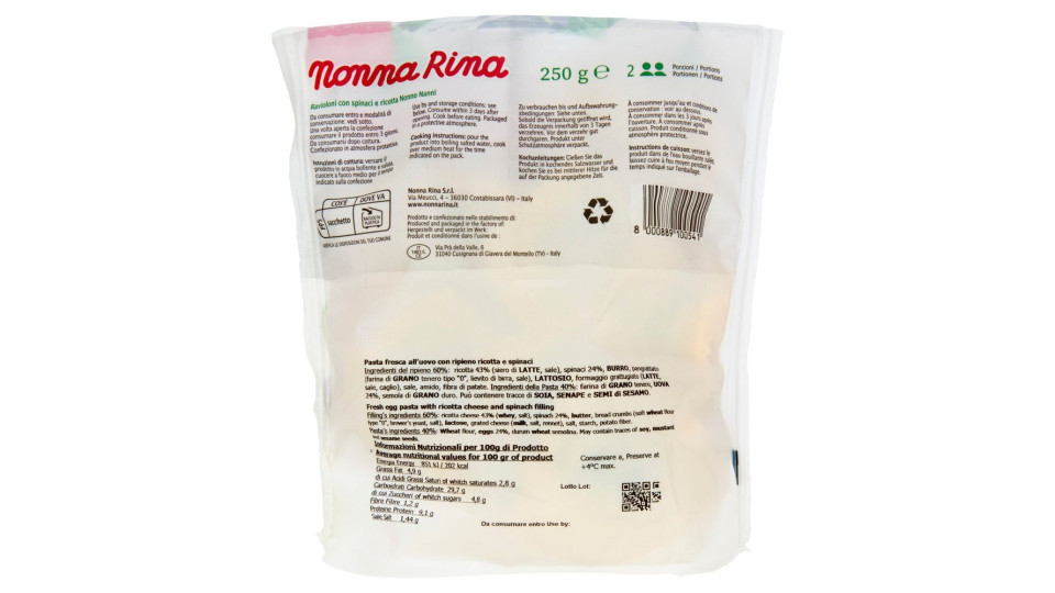 Nonna Rina Ravioloni con Spinaci e Ricotta Nonno Nanni 250 g