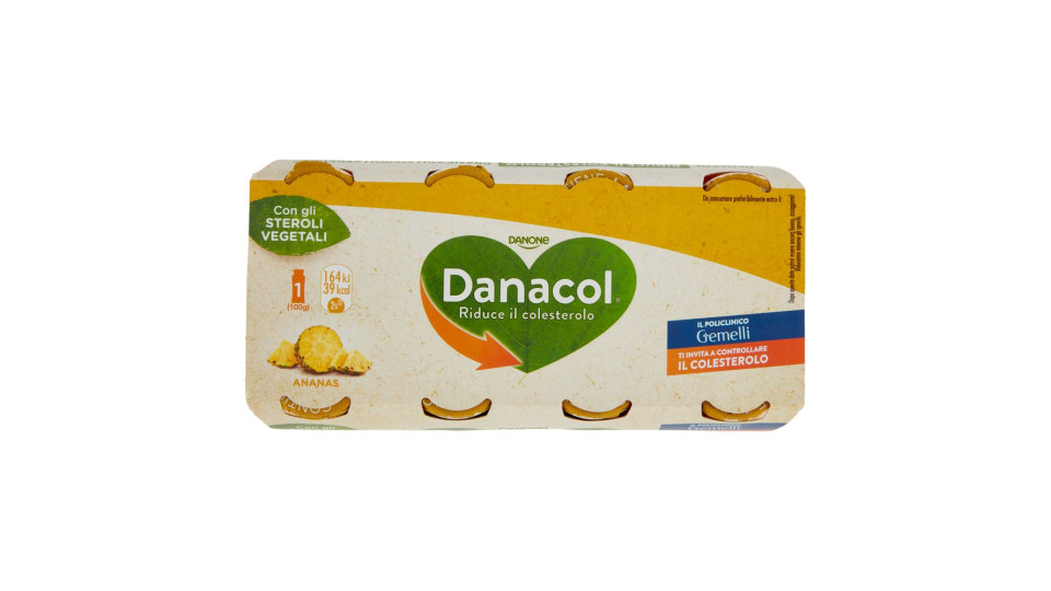 DANACOL Yogurt da bere, Riduce il Colesterolo grazie agli Steroli Vegetali, gusto Ananas, 4x100g