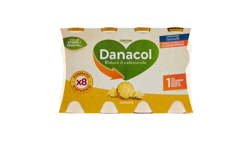 DANACOL Yogurt da bere, Riduce il Colesterolo grazie agli Steroli Vegetali, gusto Ananas, 4x100g