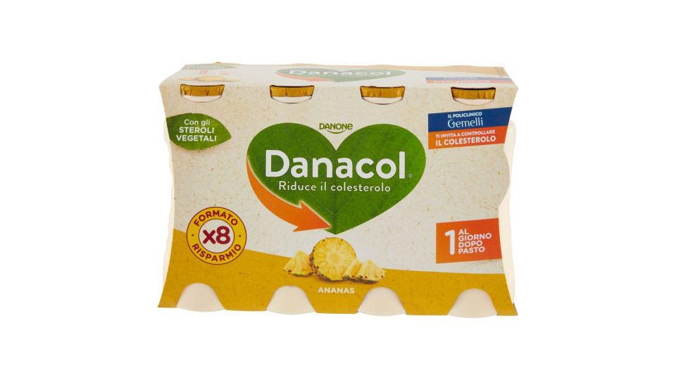 DANACOL Yogurt da bere, Riduce il Colesterolo grazie agli Steroli Vegetali, gusto Ananas, 4x100g