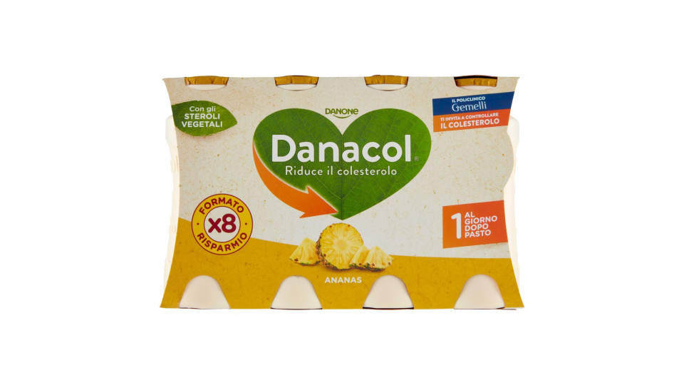 DANACOL Yogurt da bere, Riduce il Colesterolo grazie agli Steroli Vegetali, gusto Ananas, 4x100g