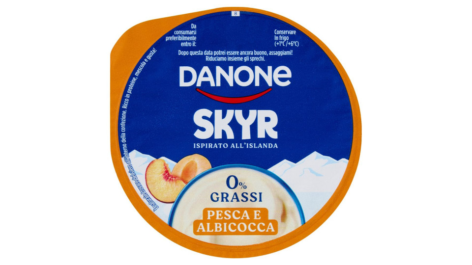 DANONE Skyr, Yogurt ispirato all'Islanda, 0% grassi,Cremoso,Ricco in Proteine, Pesca&Albicocca, 150g