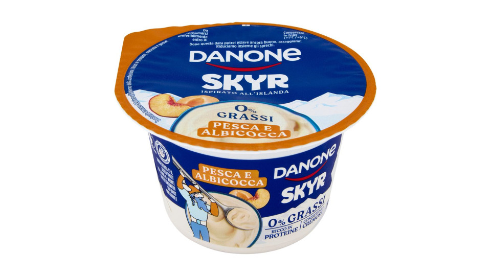 DANONE Skyr, Yogurt ispirato all'Islanda, 0% grassi,Cremoso,Ricco in Proteine, Pesca&Albicocca, 150g