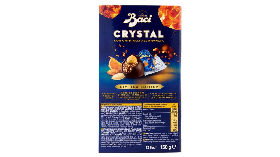 BACI PERUGINA Crystal Cioccolatini Fondenti all'Arancia ripieni al Gianduia Scatola 150g