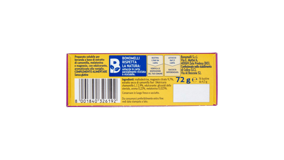 Bonomelli Estratto di Camomilla Solubile con Melatonina e con Magnesio Senza Zuccheri 16 x 4,5 g