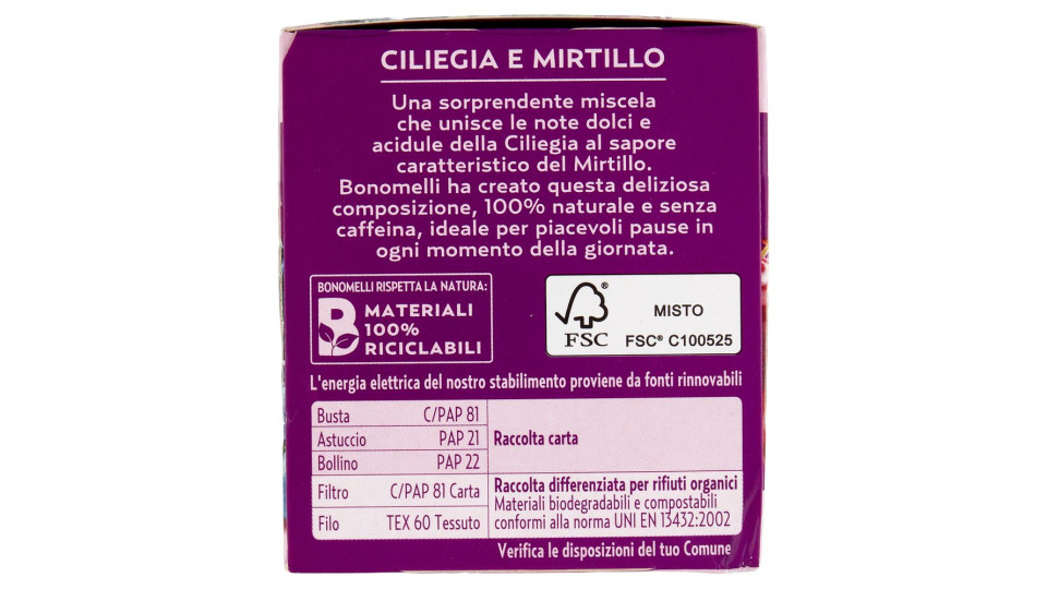 Bonomelli Infusi Fruttosi 100% Naturali Ciliegia e Mirtillo 12 Filtri 24 g