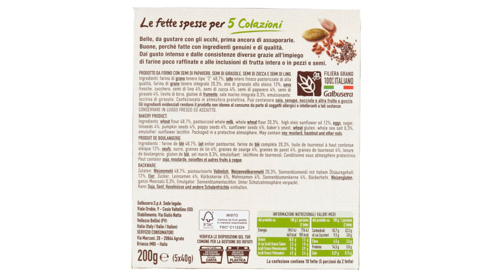 Galbusera BelleBuone 5 Colazioni Cioccolato semi di papavero, semi di girasole e semi di zucca 5x40g