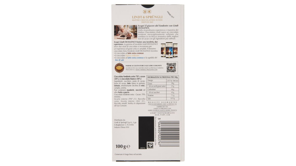Lindt Excellence Fusion Tavoletta 2 strati cioccolato fondente 70% e bianco 100 g