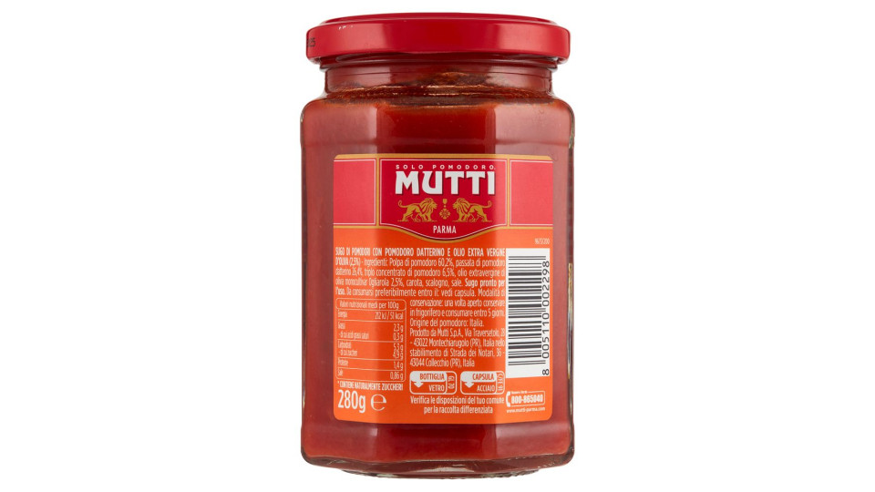 Mutti Sugo con Pomodoro Datterino e con Olio Extravergine di Oliva da Moonocultivar Ogliarola 280 g