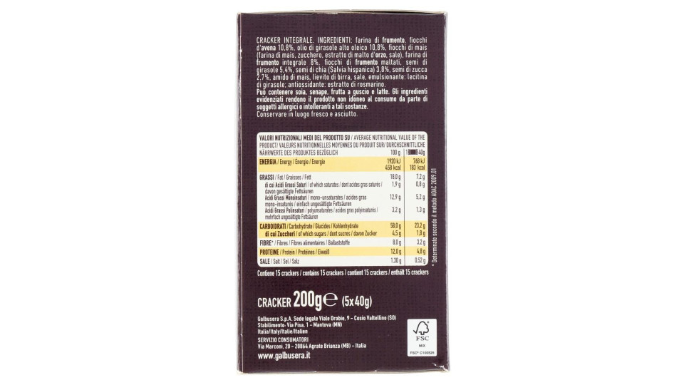 Galbusera BelleBuone il Cracker che non c'era Avena e Mix di Semi 5 x 40 g