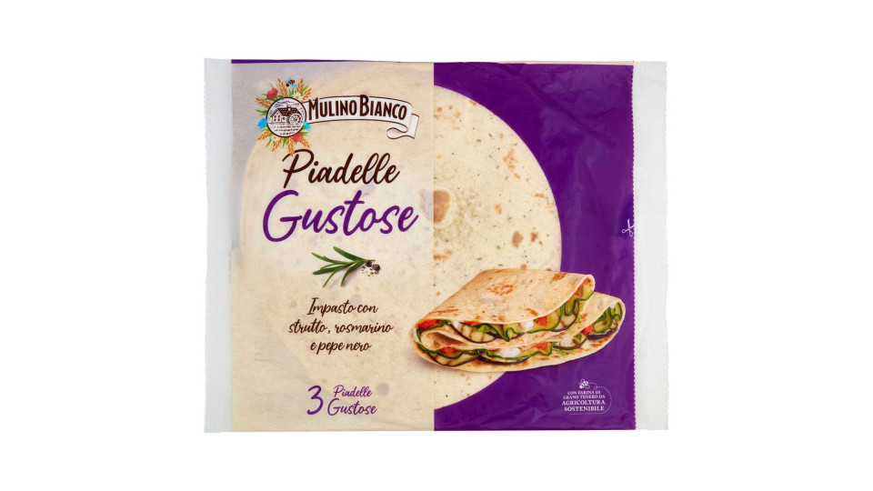 Mulino Bianco Piadelle Gustose Impasto con Strutto, Rosmarino e Pepe Nero 3pz 330 g