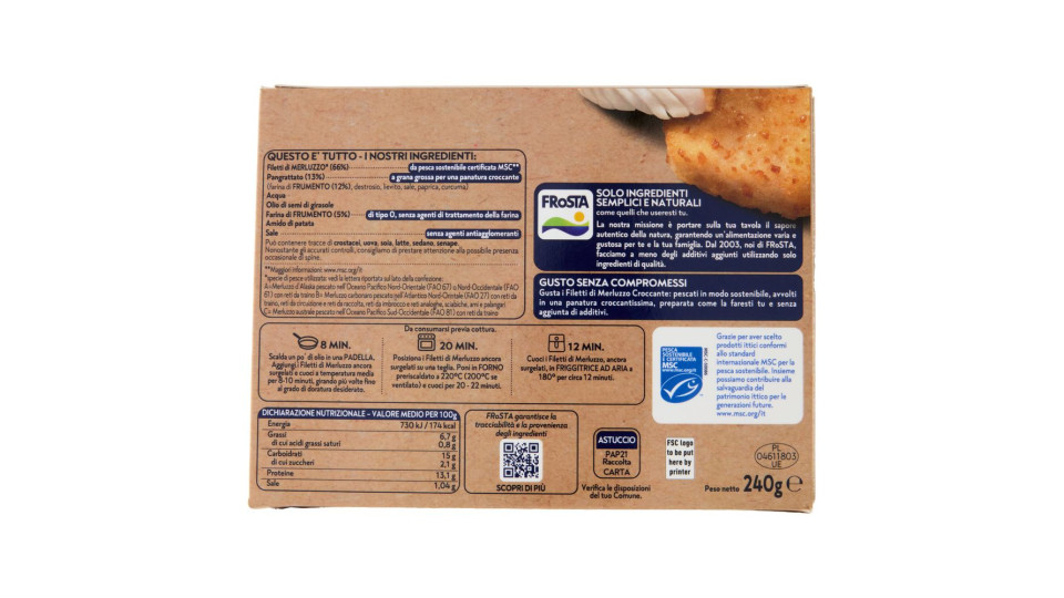FRoSTA i Croccanti 2 Filetti di Merluzzo Panatura Classica 240 g
