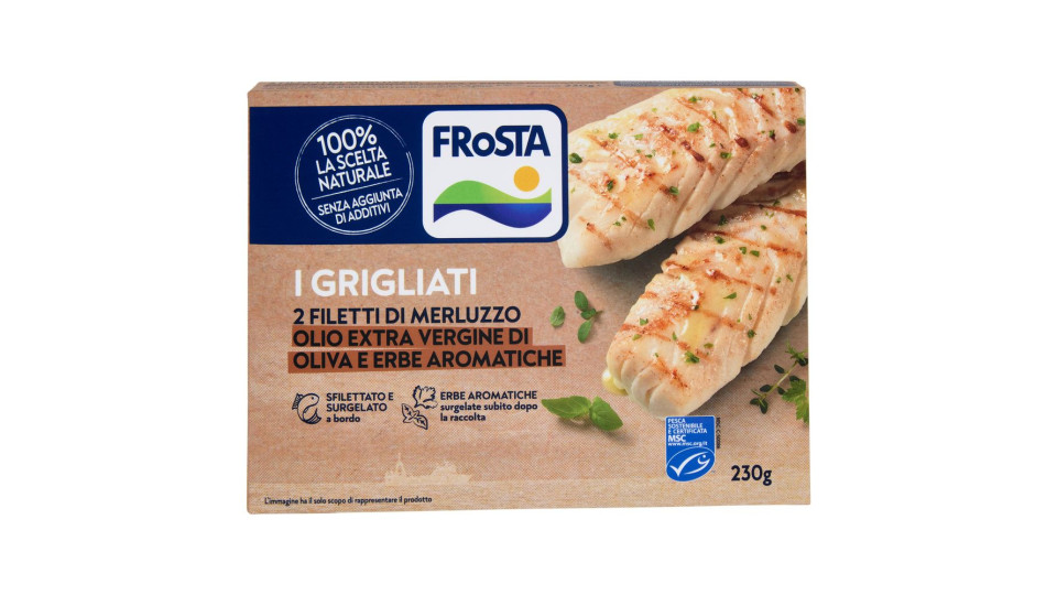 FRoSTA i Grigliati 2 Filetti di Merluzzo Olio Extra Vergine di Oliva e Erbe Aromatiche 230 g