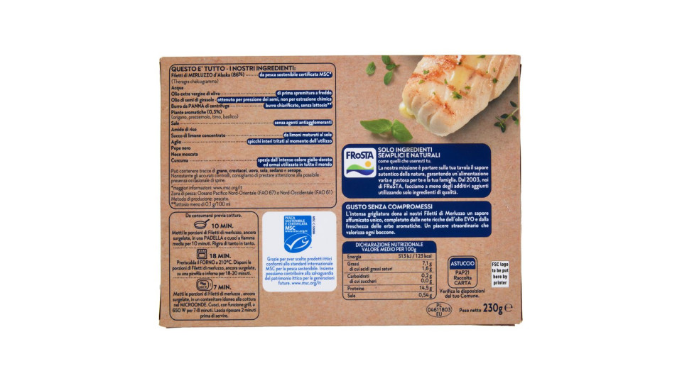 FRoSTA i Grigliati 2 Filetti di Merluzzo Olio Extra Vergine di Oliva e Erbe Aromatiche 230 g