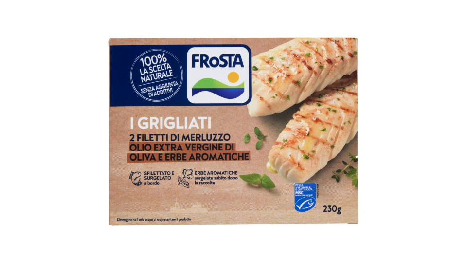 FRoSTA i Grigliati 2 Filetti di Merluzzo Olio Extra Vergine di Oliva e Erbe Aromatiche 230 g