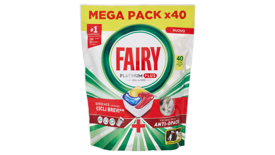 Fairy Pastiglie Lavastoviglie Platinum Plus All in One, Detersivo Piatti Limone, 40 Capsule 620 g