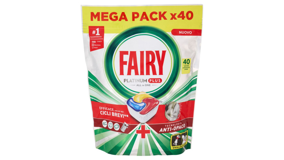 Fairy Pastiglie Lavastoviglie Platinum Plus All in One, Detersivo Piatti Limone, 40 Capsule 620 g