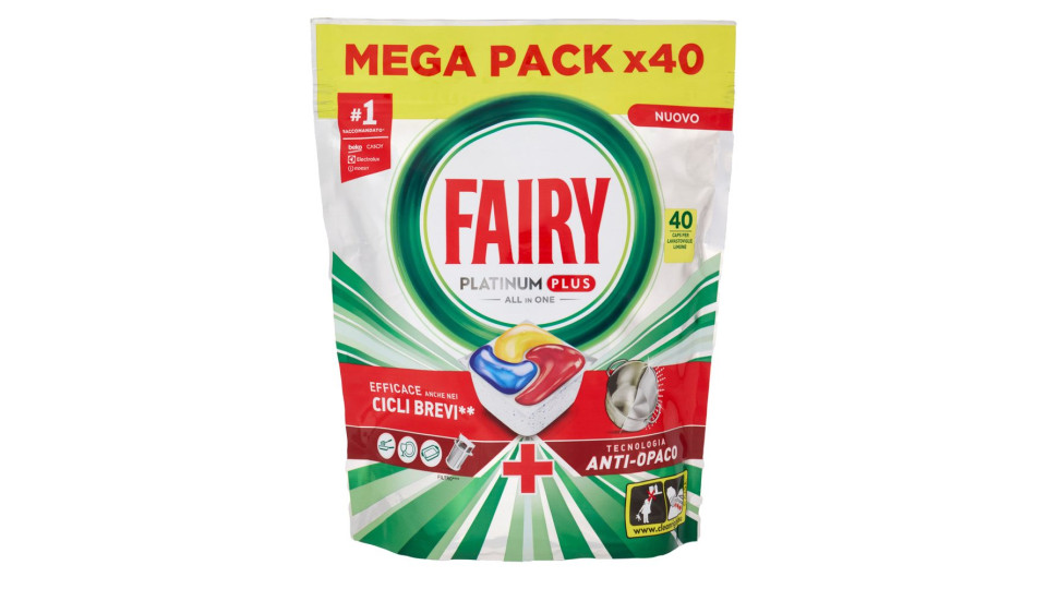 Fairy Pastiglie Lavastoviglie Platinum Plus All in One, Detersivo Piatti Limone, 40 Capsule 620 g
