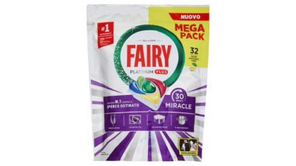 Fairy Pastiglie Lavastoviglie Platinum Plus All in One Miracle, Detersivo Piatti Limone 32 Caps 527g