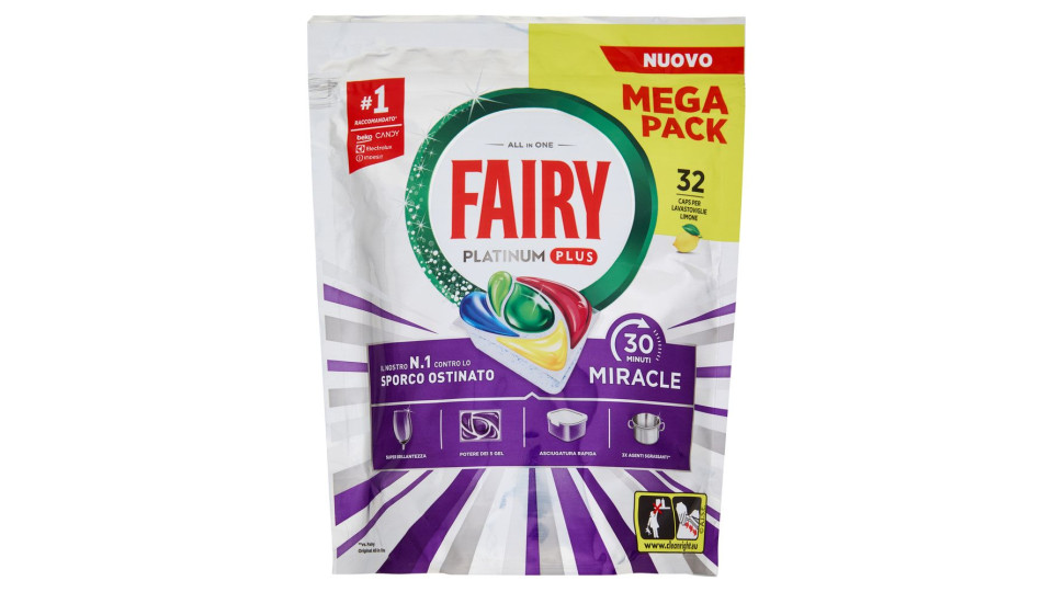 Fairy Pastiglie Lavastoviglie Platinum Plus All in One Miracle, Detersivo Piatti Limone 32 Caps 527g