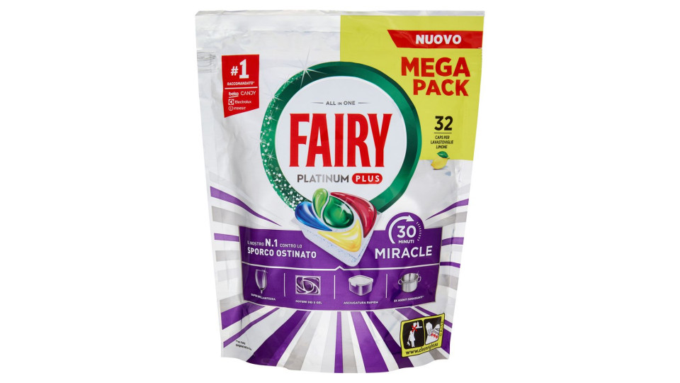 Fairy Pastiglie Lavastoviglie Platinum Plus All in One Miracle, Detersivo Piatti Limone 32 Caps 527g