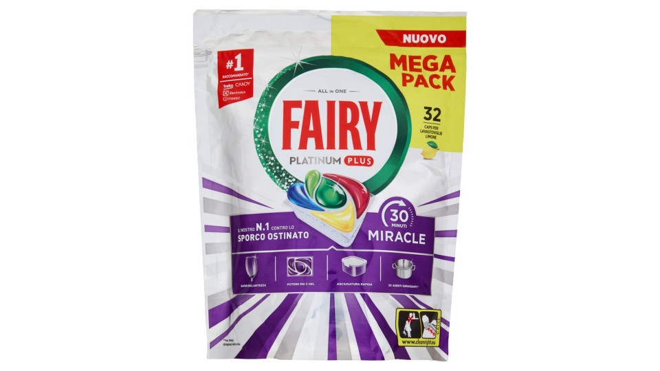 Fairy Pastiglie Lavastoviglie Platinum Plus All in One Miracle, Detersivo Piatti Limone 32 Caps 527g