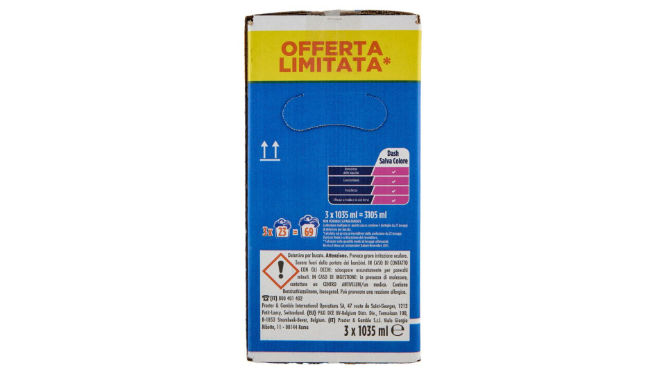 Dash Detersivo Liquido Lavatrice, Salvacolore, 3x21 Lavaggi=63 Lavaggi 3x1050ml