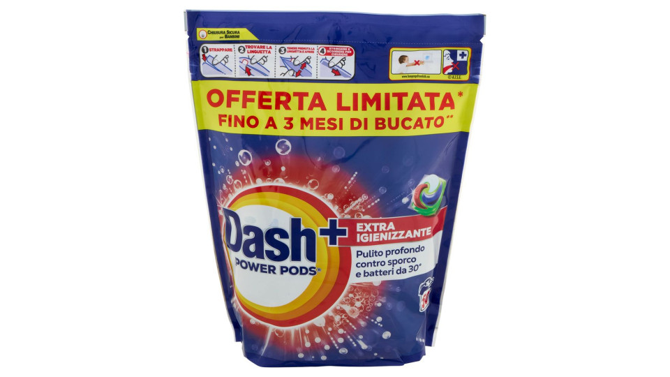 Dash Power Pods Detersivo Lavatrice In Capsule, Azione Extra-Igienizzante, 38 Lavaggi 885,4 g