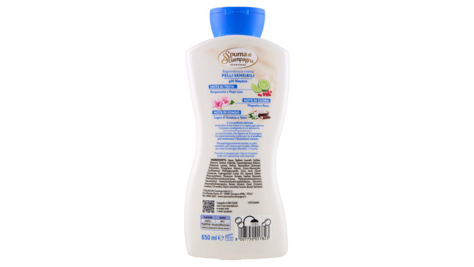 Spuma di Sciampagna Benessere Pelli Sensibili pH Neutro Bagnodoccia crema Idratante 650 ml