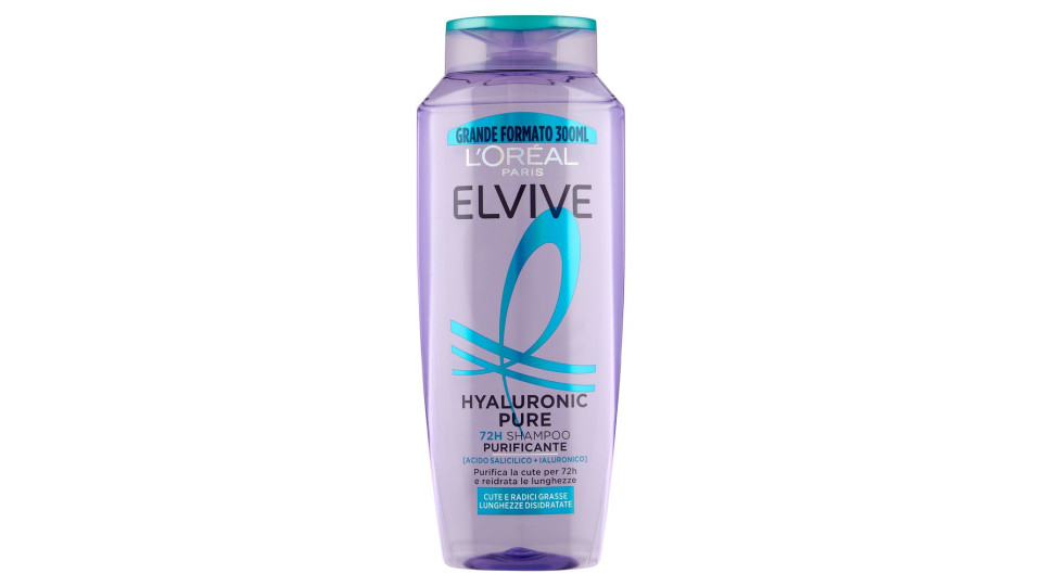 Elvive Hyaluronic Pure 72H Shampoo Purificante, per Cute e Radici Grasse, 300 ml