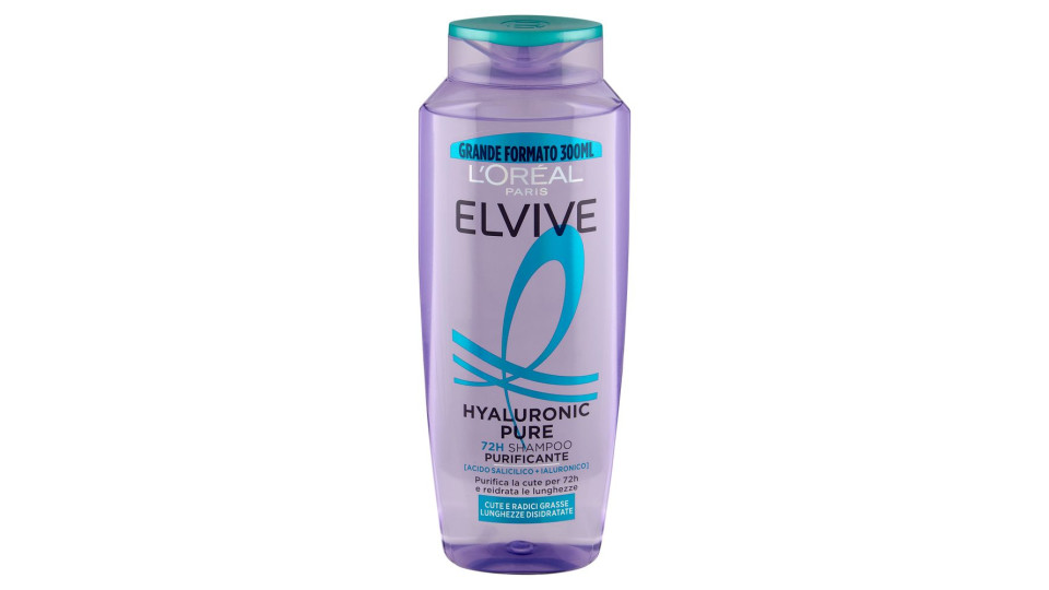 Elvive Hyaluronic Pure 72H Shampoo Purificante, per Cute e Radici Grasse, 300 ml