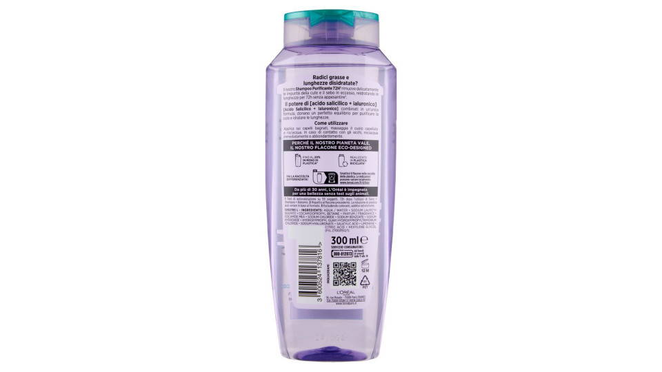 Elvive Hyaluronic Pure 72H Shampoo Purificante, per Cute e Radici Grasse, 300 ml