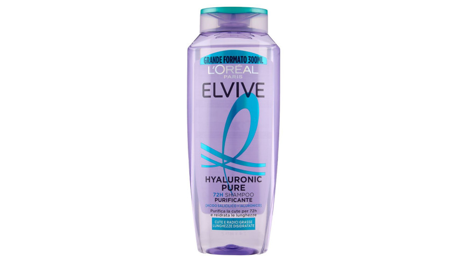 Elvive Hyaluronic Pure 72H Shampoo Purificante, per Cute e Radici Grasse, 300 ml