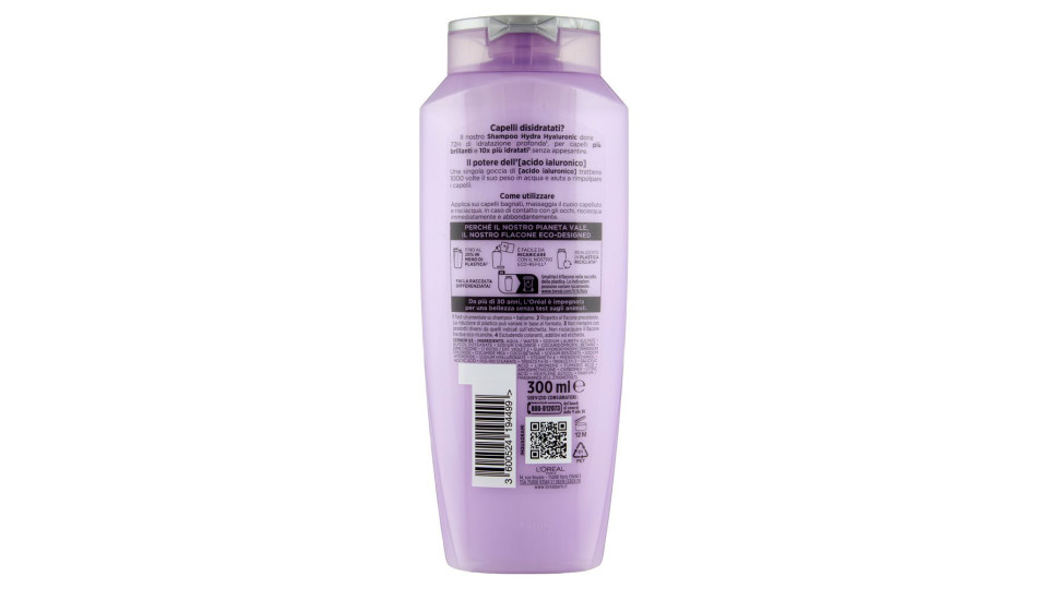 Elvive Hydra Hyaluronic Shampoo 72H Idratazione Profonda, per Capelli Disidratati, 300 ml
