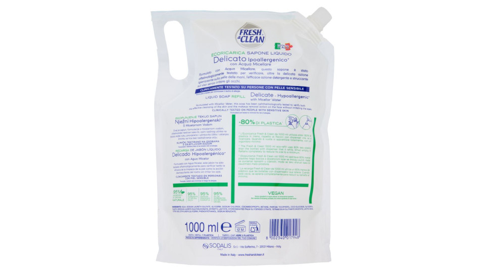 Fresh & Clean Sapone Liquido Delicato Ipoallergenico* con Acqua Micellare Ecoricarica 1000 ml