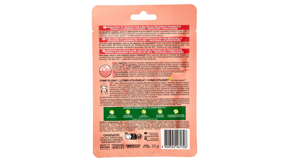 Garnier SkinActive, Maschera in Tessuto Riparatrice Arricchita con Probiotici, 22 g