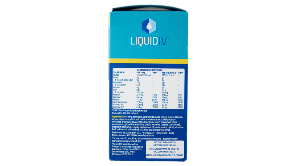 Liquid I.V. Hydration Multiplier Mix di Carboidrati ed Elettroliti in Polvere Lemon Lime 10 x 16 g
