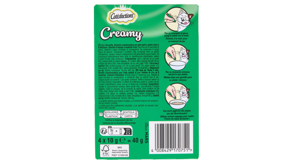 Catisfactions Snack Gatto Creamy Erba Gatta 4 x 10 g