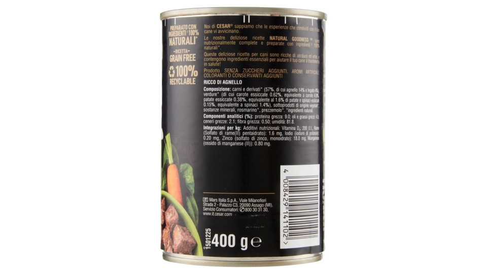 Cesar Natural Goodness Ricco di Agnello, Guarnito con Carote, Patate e Spinaci 400 g