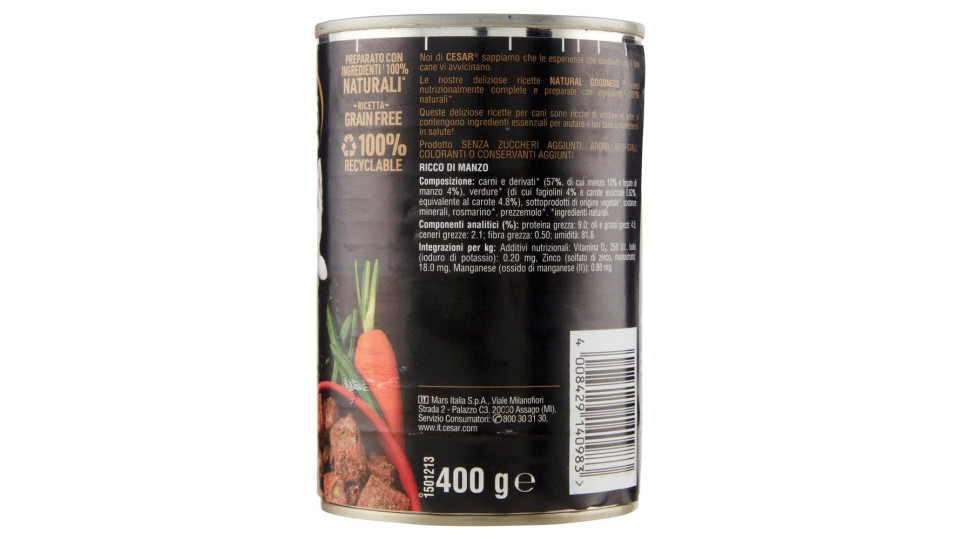 Cesar Natural Goodness Ricco di Manzo, Guarnito con Carote, Fagiolini ed Erbe 400 g