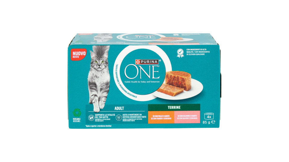 PURINA ONE Adult Terrine Pollo e Carote, Salmone e Carote 4 x 85g