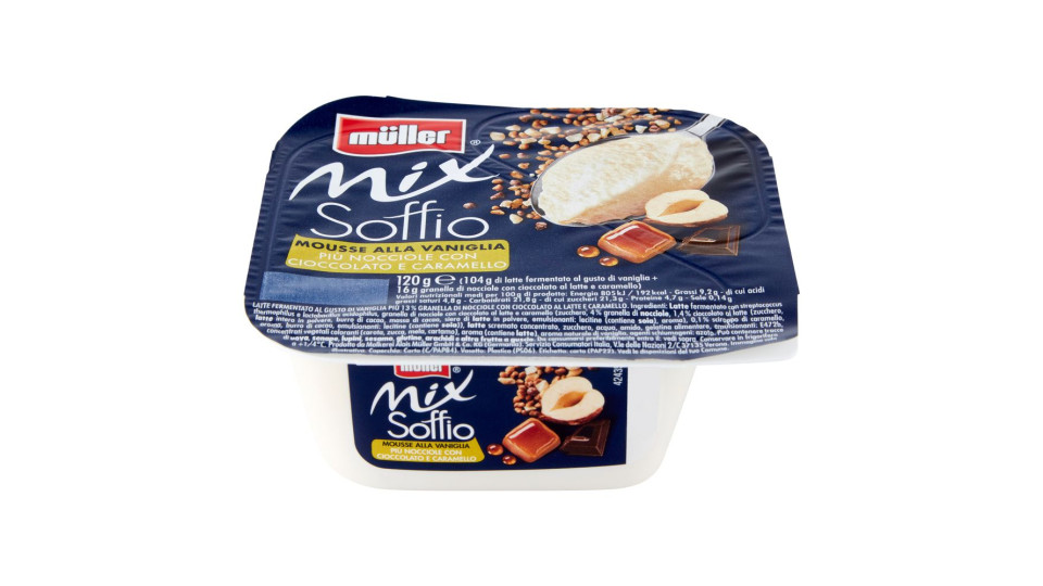 müller Mix Soffio Mousse alla Vaniglia Più Nocciole con Cioccolato e Caramello 120 g