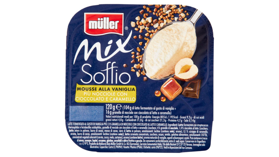 müller Mix Soffio Mousse alla Vaniglia Più Nocciole con Cioccolato e Caramello 120 g