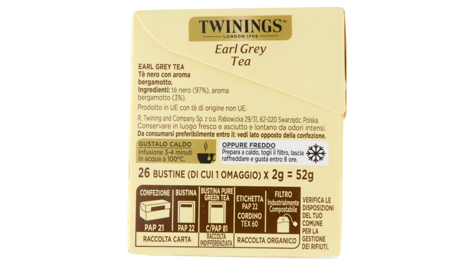 Twinings Earl Grey Tè Nero al sapore di Bergamotto 25 filtri + 1 omaggio The 52 g