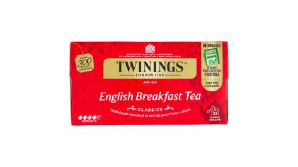 Twinings English Breakfast Tea Tè Nero 25 filtri +1 omaggio The 52 g