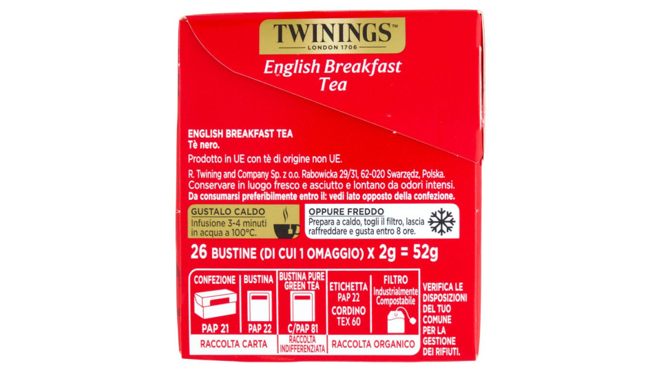 Twinings English Breakfast Tea Tè Nero 25 filtri +1 omaggio The 52 g