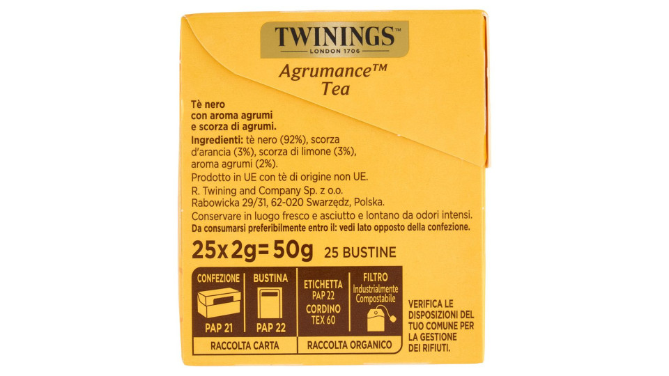 Twinings Agrumance Tea Tè Nero al profumo di agrumi 25 filtri The 50 g