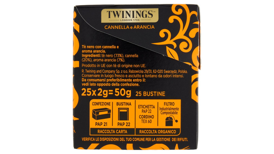 Twinings Cannella e Arancia Tè Nero aromatizzato 25 filtri The 50 g